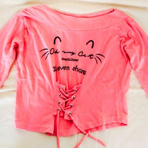 Pink Cat Graphic Lace-up Top