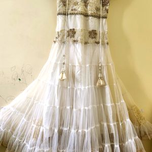 White Net Long Frock With Dupatta