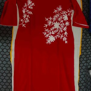 Blood Red Never Wear White Embroidered With Silver Lace In Borders Of Neck And Sleeves With Length 45.05