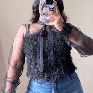 Black Furry Mesh Top