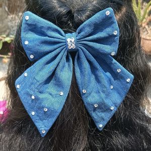 Denim Hair Bow With Rhinestones Detailing