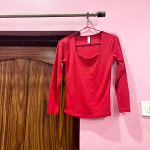 Red Sweetheart Neck Ribbed Top