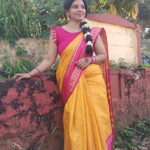 Mango Yellow And Pink Border Saree With Blouse