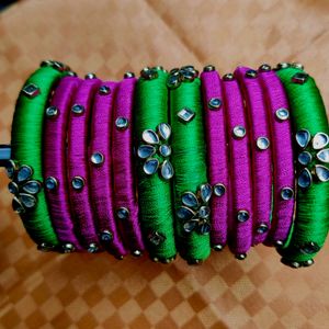Green and Pink Silk Thread Bangles