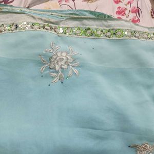 Beautiful Light Sky Color Embroidery Saree