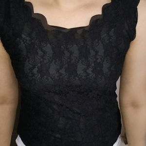 Women's Black Lace  Crepe Double Layered Top