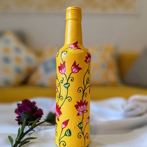 Handpainted Yellow Flowers Art On Glass Bottle