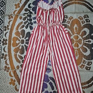 Red And White Denim Jumpsuit