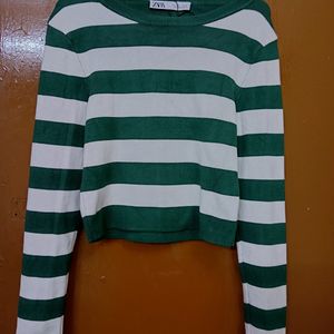 Zara Green And White Full Sleeves Winter Top