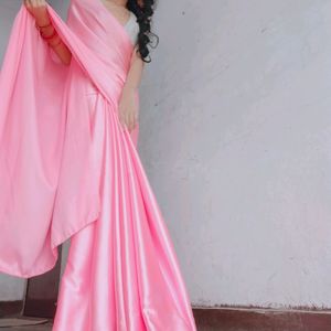 New Beautiful Baby Pink Satin Shiny Saree