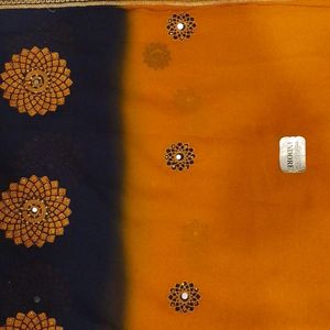 Saree Orange Blue With Blouse Material Neela