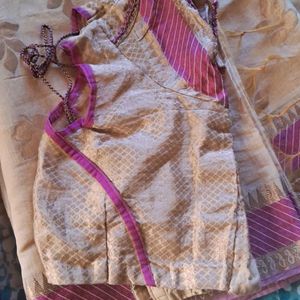 Beige Cotton Silk Saree with pink Border