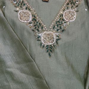 Olive Green Suit With Organza Dupatta