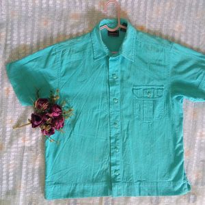 Blue Cotton Blend Half Sleeves Shirt