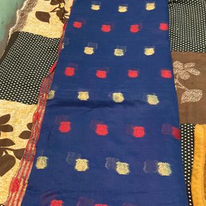 Cotten Saree Dark Blue Golden Work Red Border Red Flower Printed Work