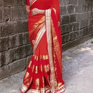 New Red Saree With Unstitched Blouse Piece