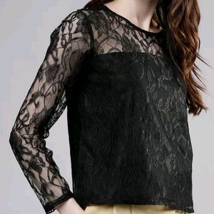 Black Self Design Woven Top