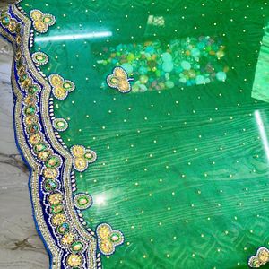 Green Color Net Embroidery Saree Without Blouse