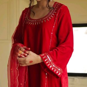 Velvet Red Straight Kurta Set