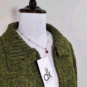 Knitted Zipper Cardigan with Polo Neck & Buttons