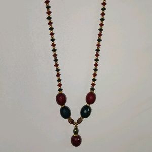 Crystal Maroon Green Pearl & Jaipuri Long Neckace