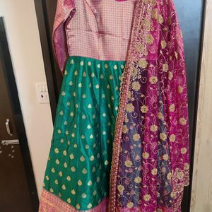 Pink And Green Pure Benarasi Frock With Dupatta