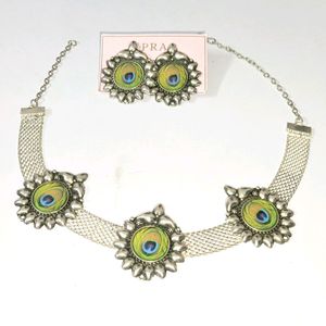 Peacock Choker Necklace & Earrings Set By PRAO