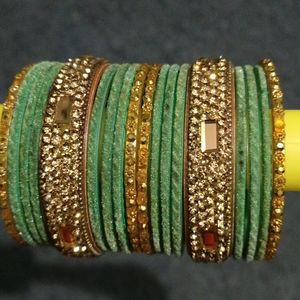 New Light Green Bangles Set With Golden Kadas