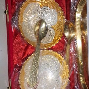Gold And Silver Tray,Bowls,Spoons Set