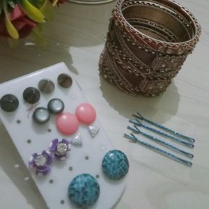 Combo Bangles, 4 Hair Pins Blur Colour and 7pair T