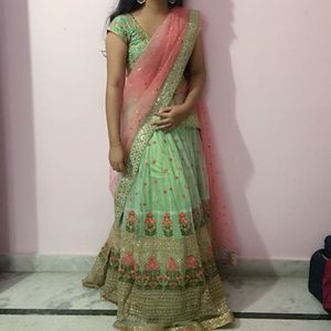 Pastel Half Saree With Maggam Work Blouse