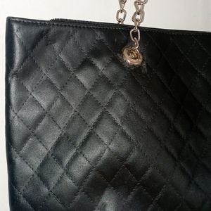 Black Chain Leather Tote Bag.