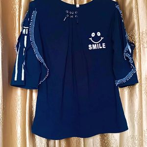 Casual Beautiful Sleeves Solid Women Navy Blue Top