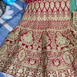 Fish Cut Bridal Red Velvet Lahenga