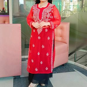 Red Mirror Work Chikankari Kurti