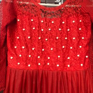 Hot Red Net Frock With Pearls Work