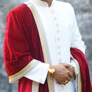 Mens White Sherwani With Red Velvet Dhoti