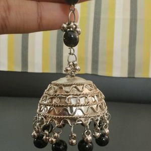 Lightweight German Silver Jhumkies With Black Bead