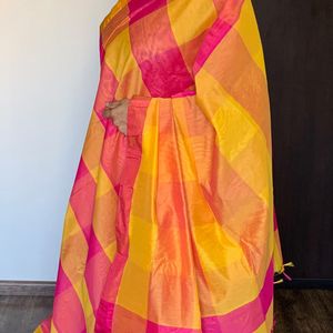 Yellow And Pink Checked Silk Saree