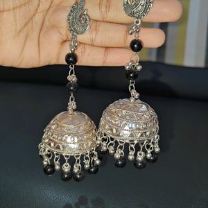 Lightweight German Silver Jhumkies With Black Bead