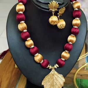 Handmade Silk Thread Leaf Design Jewellery With Earrings