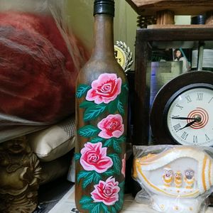 Handpainted Floral Art On Glass Bottle/ Vase