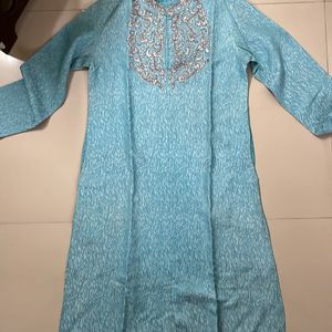 Men Blue Kurta With Golden Work