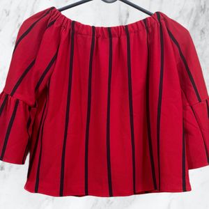 Red & Black Off-Shoulder Crop Top With Bell Sleeve