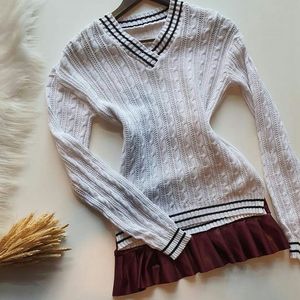 V Neck White Sweater With Black Strips