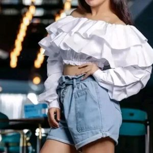 White Offshoulder Puff Sleeves Crop Top