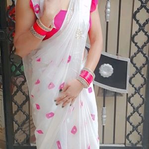 White Bandhej Saree