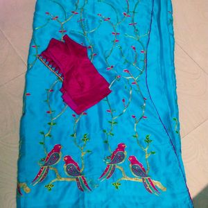 Parrot Embroidery Design Georgette Women Saree