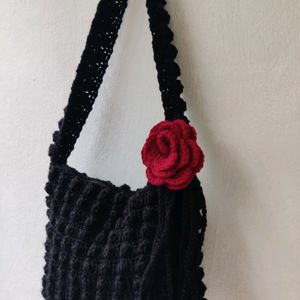 Crochet Black Popcorn With Rose Bag