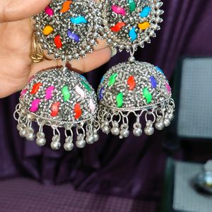 Silver Jhumka With Multi Colour Stone